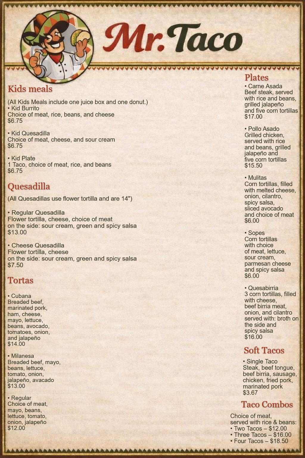 Mr. Taco Menu - Front Side